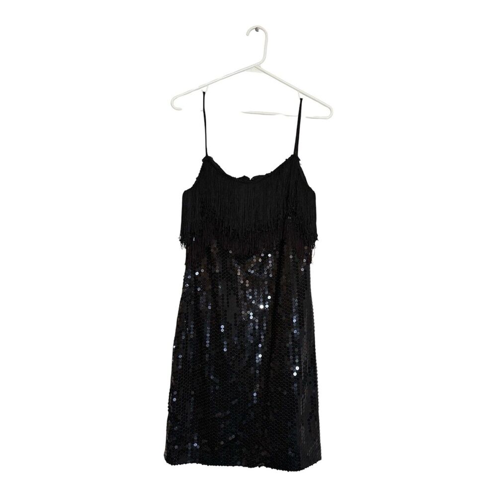 Vintage Dessy Creations Sequin Dress Fringe Flapper Black Size 8